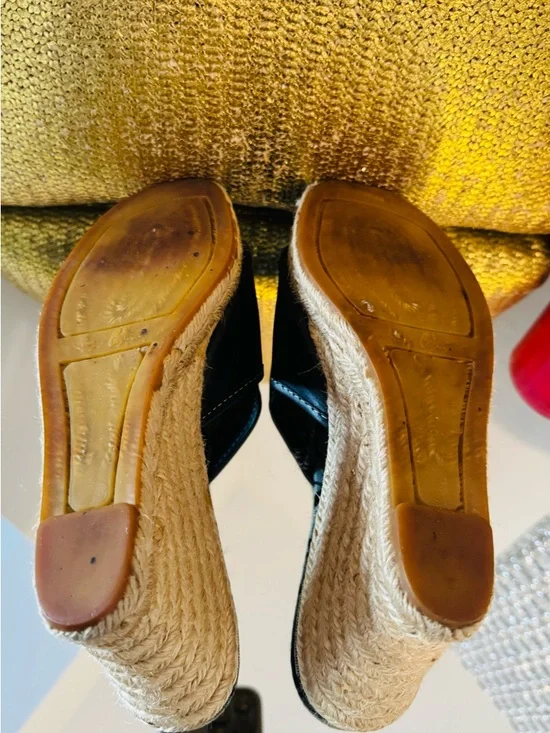 Coach Black Leather Wedge Sandals in Signature Print with Turn Lock Buckle - Picture 7 of 8